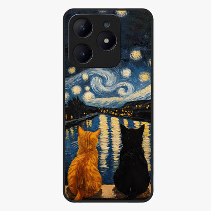 Starry River Cats Glass Case showing flat back view with cats by a starry river artwork and glossy glass finish.