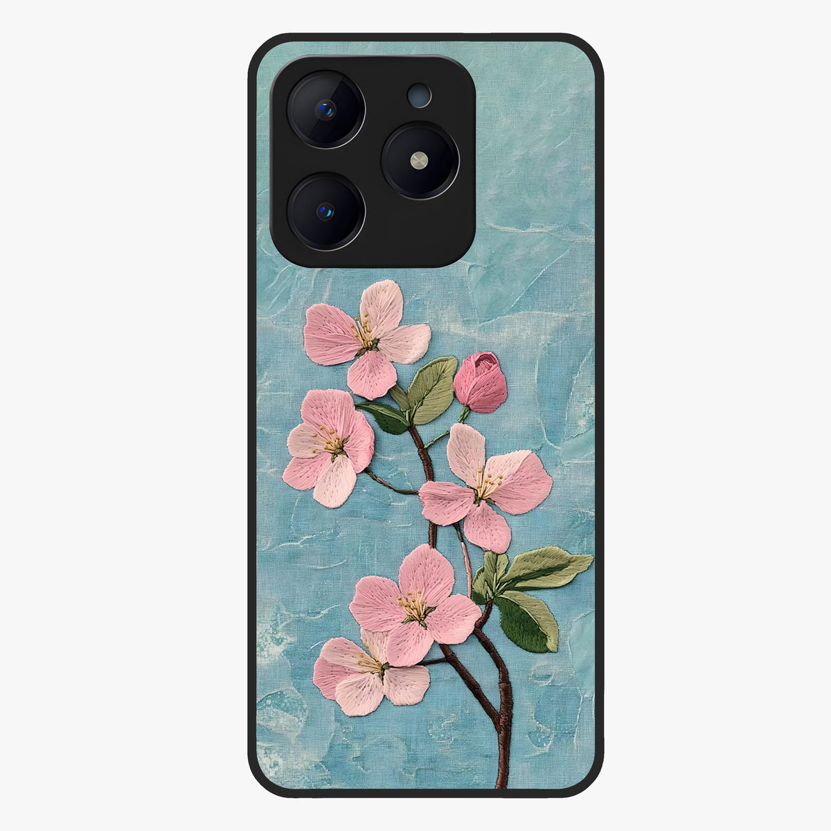 Threaded Blossom Breeze Glass Case showing flat back view with delicate blossom artwork and glossy glass finish.