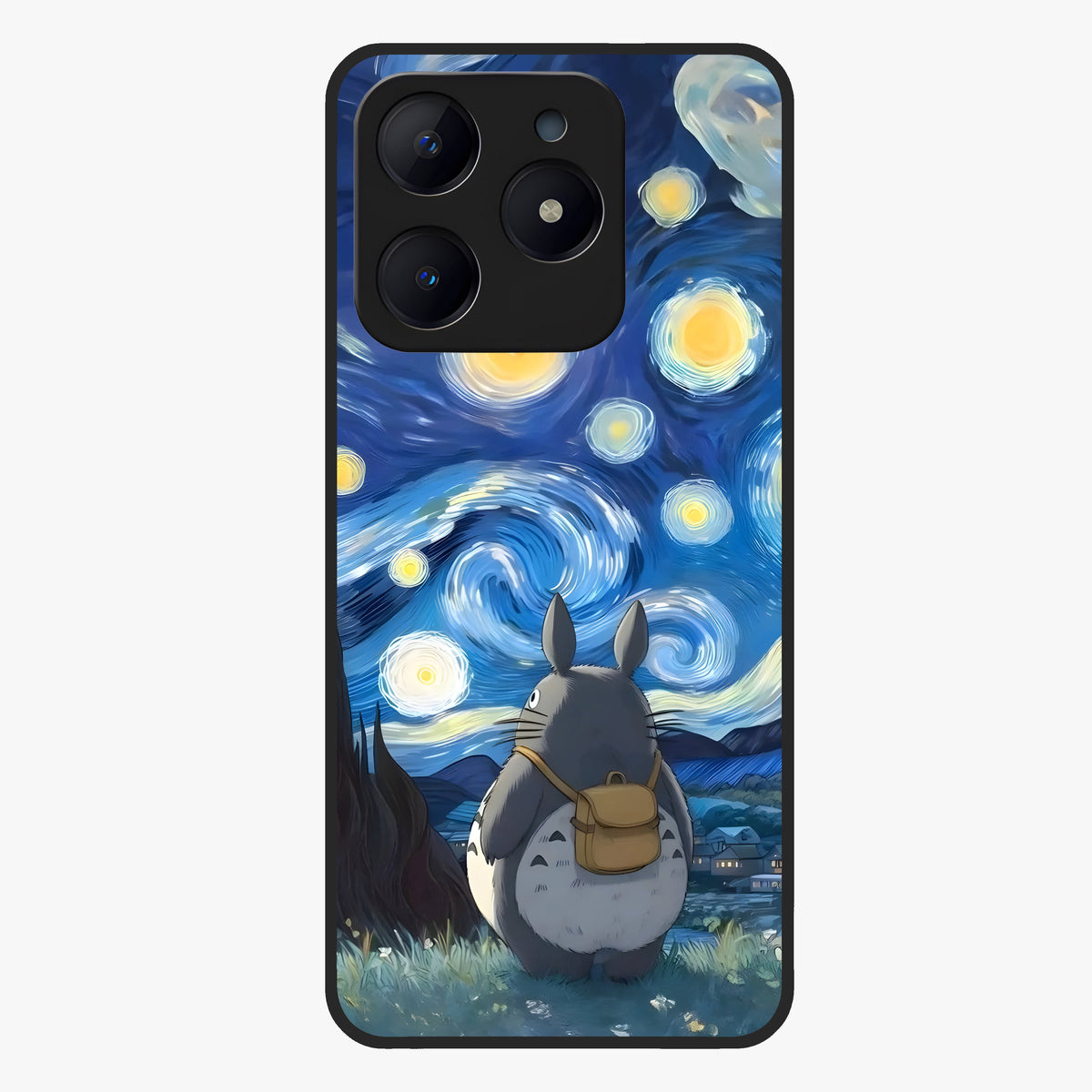 Totoro In Van Gogh Art Glass Case showing flat back view with whimsical character artwork inspired by Van Gogh style and glossy glass finish.