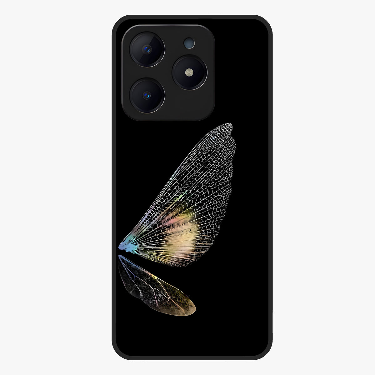 Whispers Of Wings Glass Case showing flat back view with graceful wing inspired artwork and glossy glass finish.