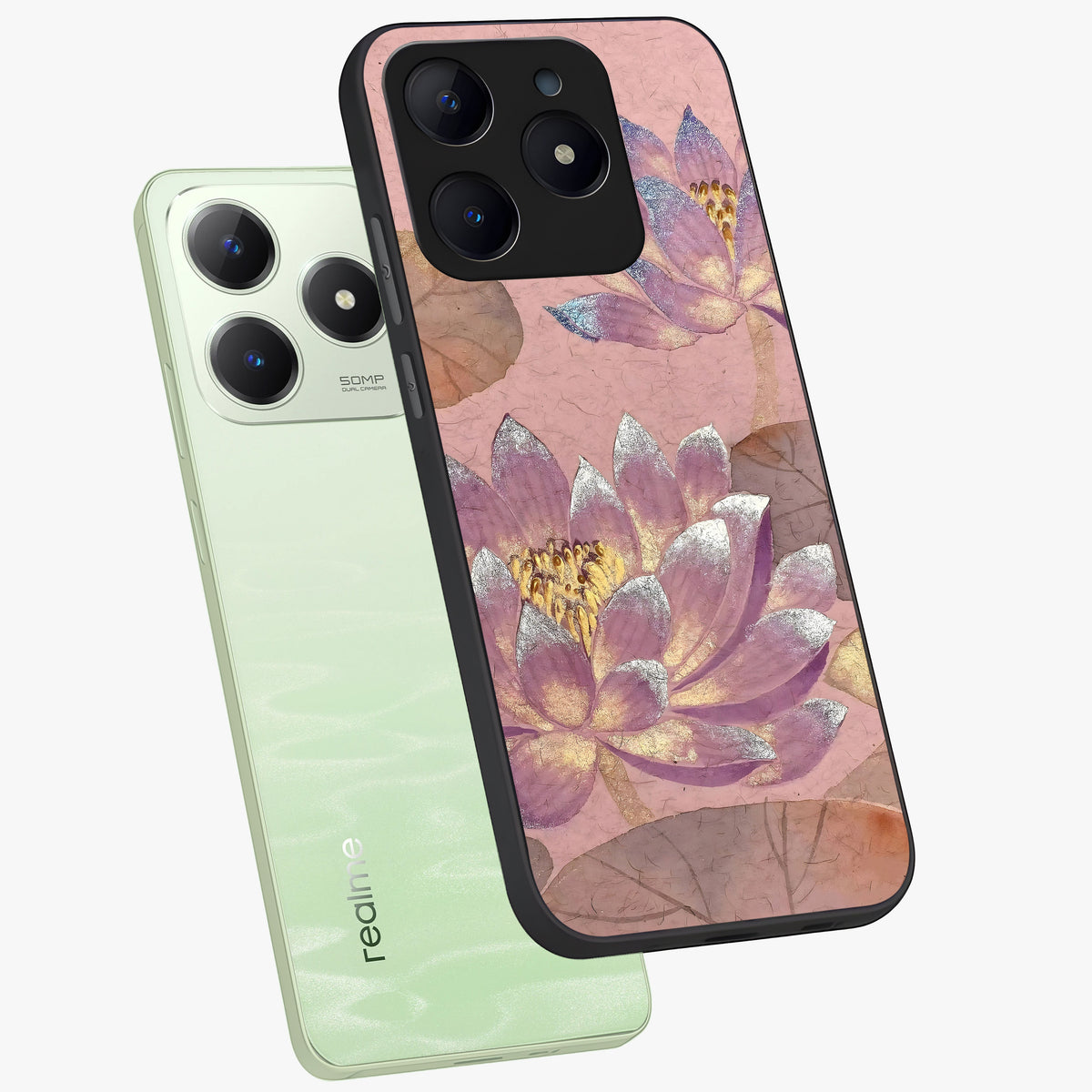 Blossom Mist Lotus Glass Case displayed in angled mockup highlighting delicate lotus illustration with calm aesthetic theme.