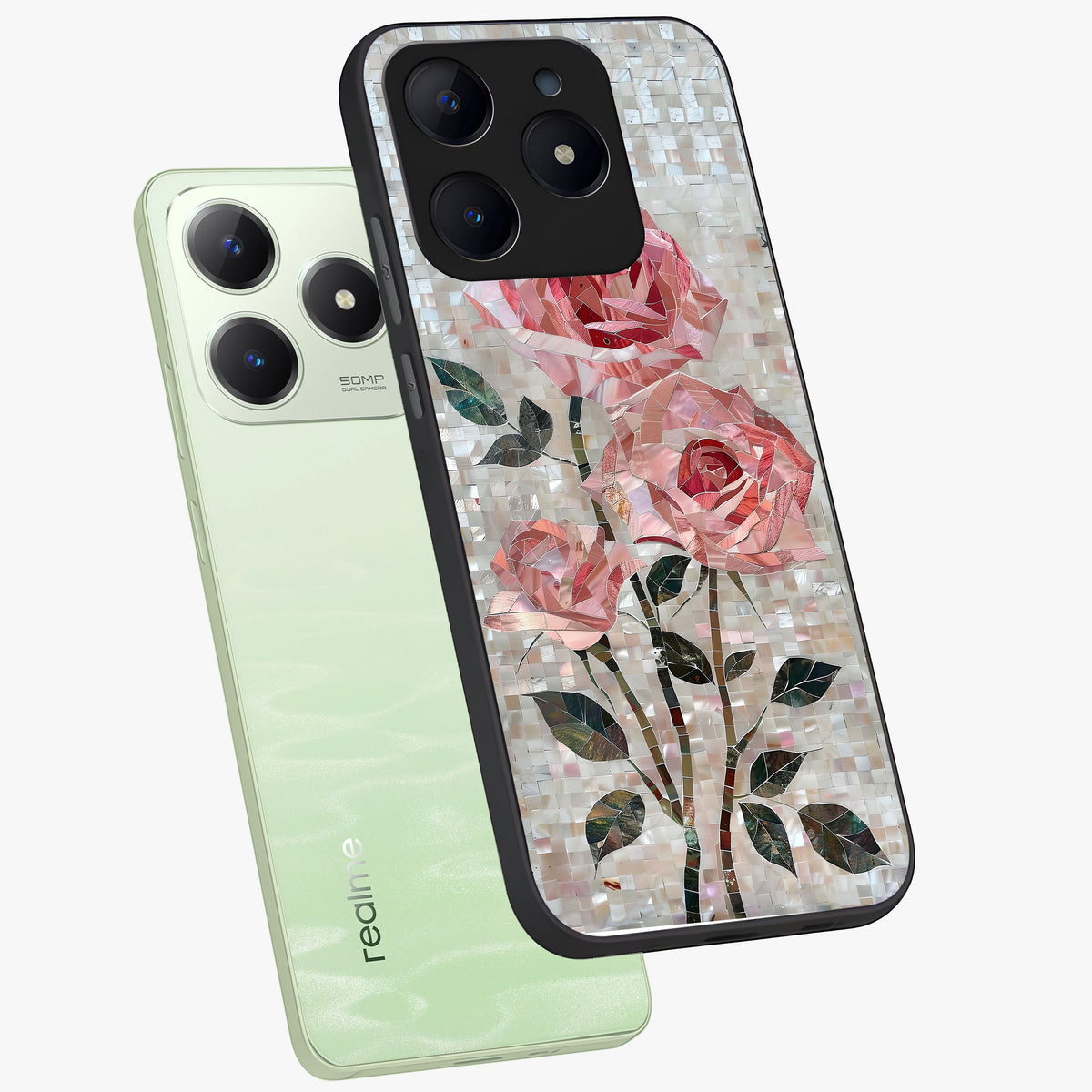Blush Mosaic Bloom Glass Case displayed in angled mockup highlighting artistic mosaic flower pattern with aesthetic design.