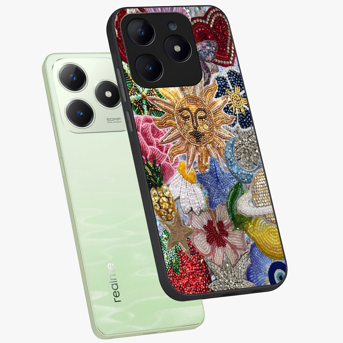 Celestial Floral and Playful Glass Case displayed in angled mockup highlighting playful floral design with dreamy celestial elements.