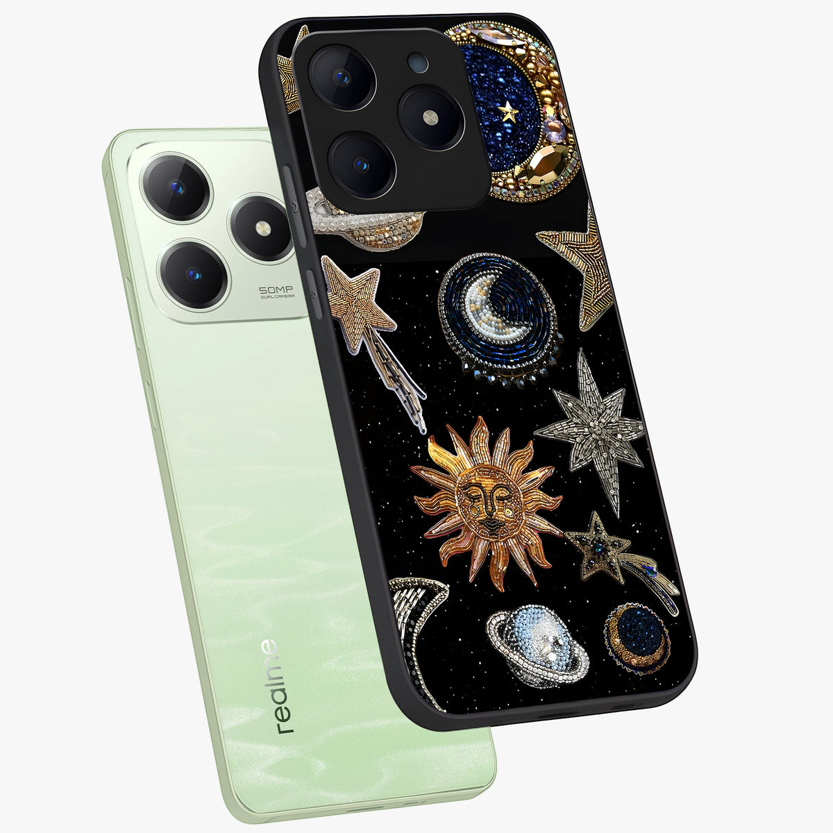 Celestial Gem Constellations Glass Case displayed in angled mockup highlighting gemstone inspired constellation design.