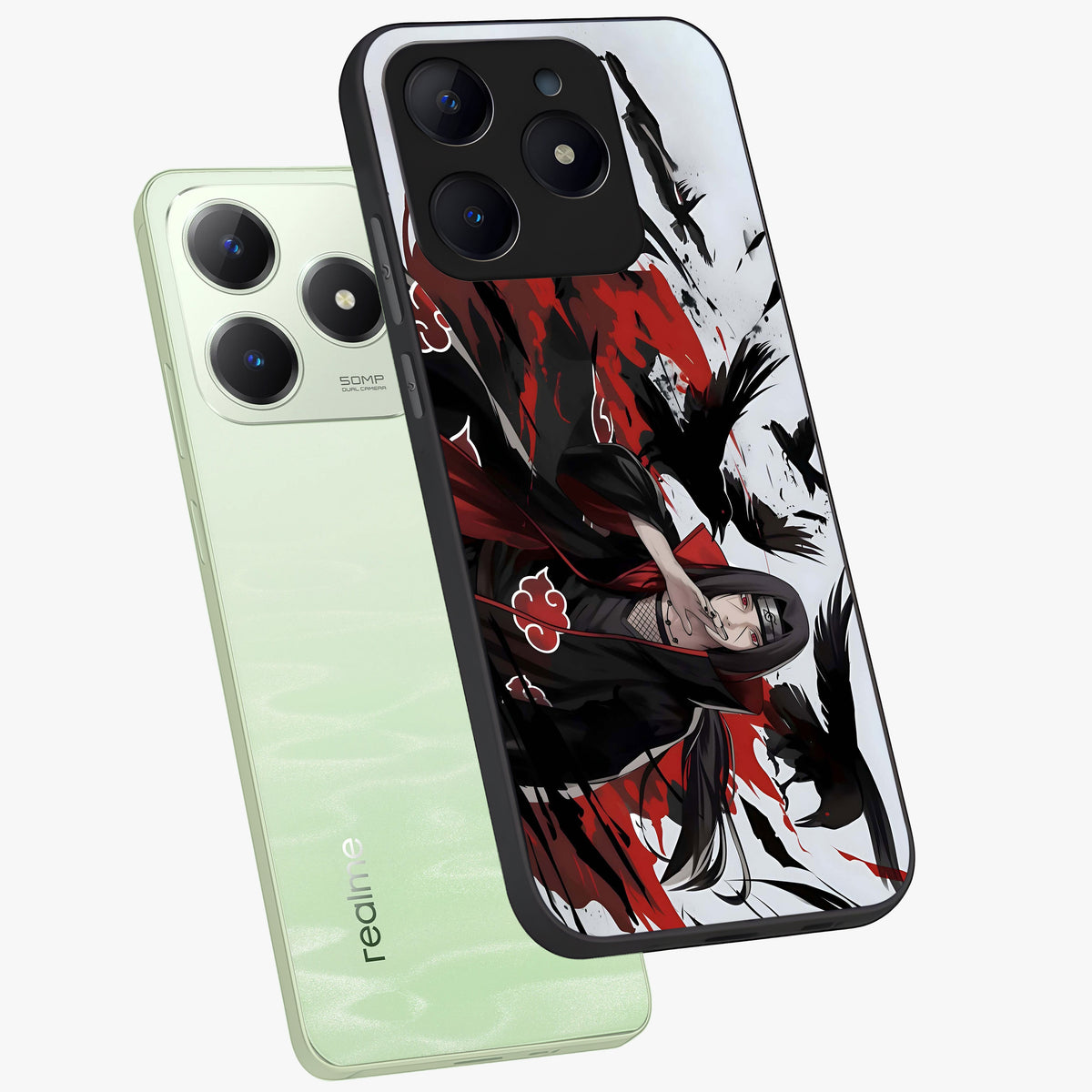 Crimson Crow Illusion Glass Case displayed in angled mockup highlighting mysterious crow graphic with dark aesthetic style.