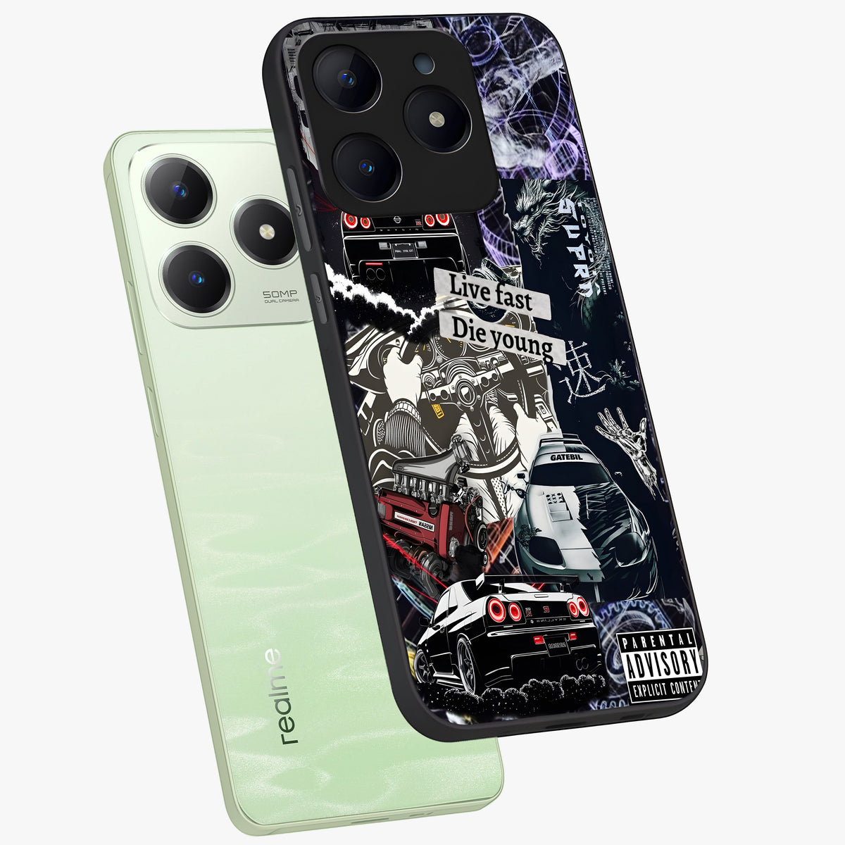 Die Young Glass Case displayed in angled mockup highlighting expressive graphic artwork with edgy aesthetic style.