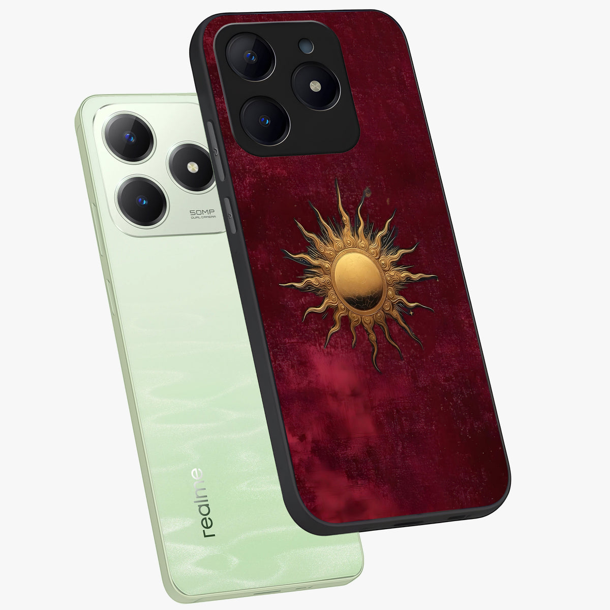 Golden Sun Minimalism Glass Case displayed in angled mockup highlighting clean sun symbol design with modern minimal aesthetic.