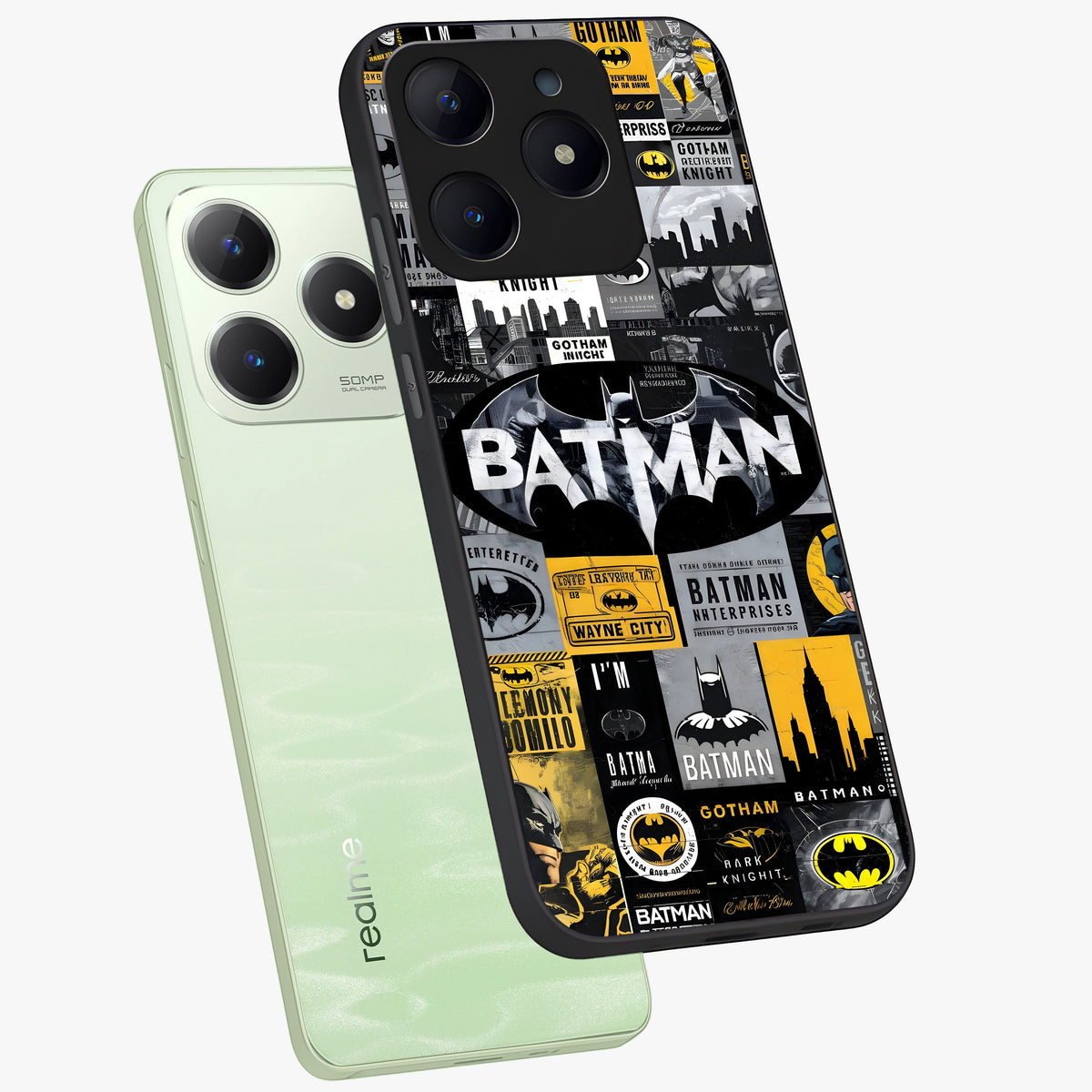Knight Gotham Rise Glass Case displayed in angled mockup highlighting powerful knight silhouette design with dramatic aesthetic.