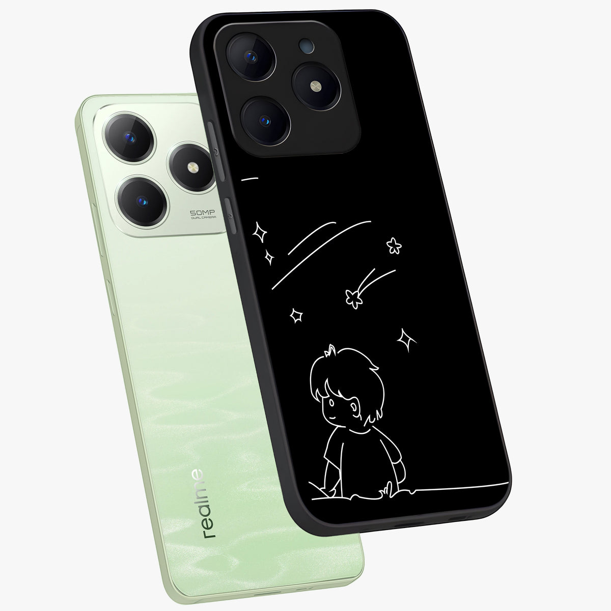 Line Art Boy With Shooting Stars Glass Case displayed in angled mockup highlighting elegant line art design with dreamy star aesthetic.