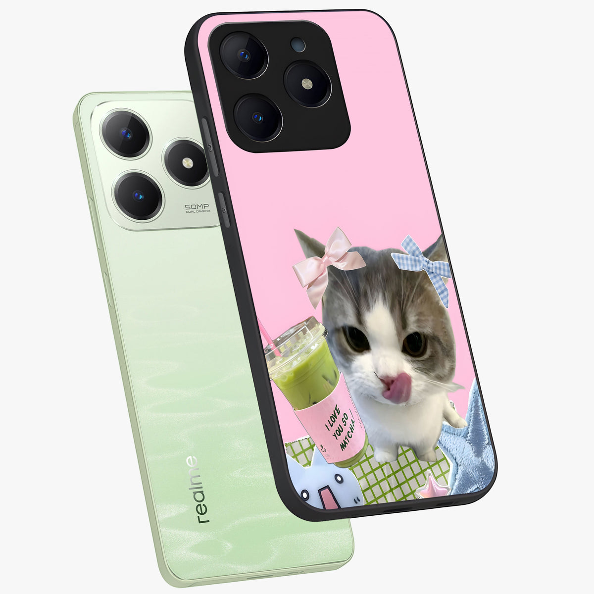 Love Matcha Cat Glass Case displayed in angled mockup highlighting playful feline illustration with cozy matcha aesthetic.