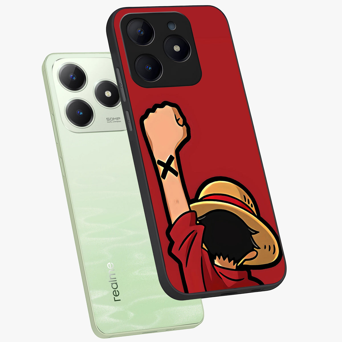 Luffy X Spirit Glass Case displayed in angled mockup highlighting powerful anime design with energetic action aesthetic.