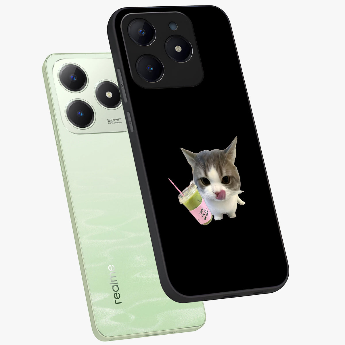 Matcha Cat Style Glass Case displayed in angled mockup highlighting playful feline design with pastel matcha aesthetic.