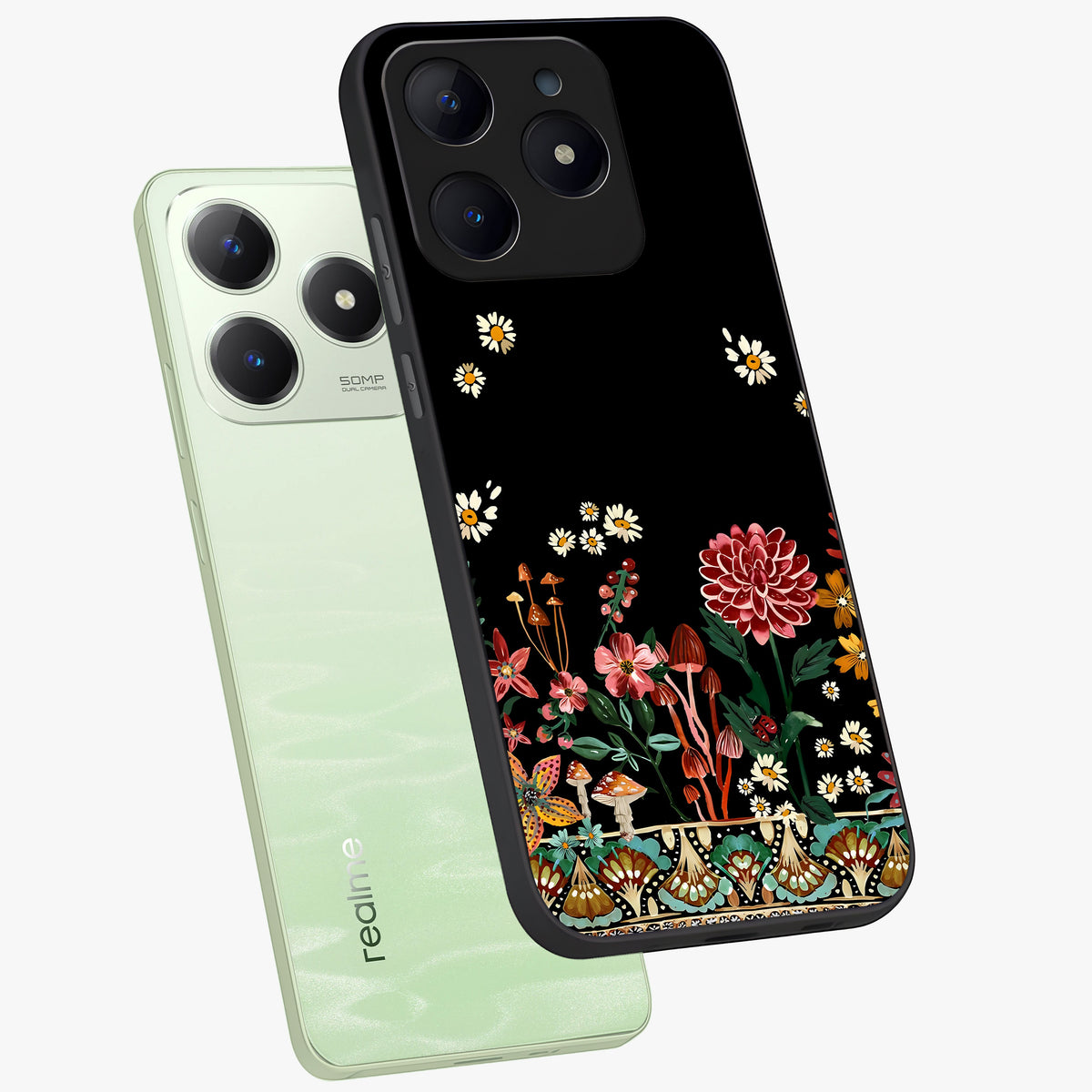 Midnight Bloom Pattern Glass Case displayed in angled mockup highlighting elegant flower design with midnight aesthetic style.