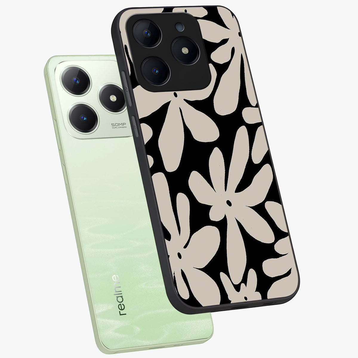 Monochrome Petal Dance Glass Case displayed in angled mockup highlighting elegant petal design with black and white aesthetic.