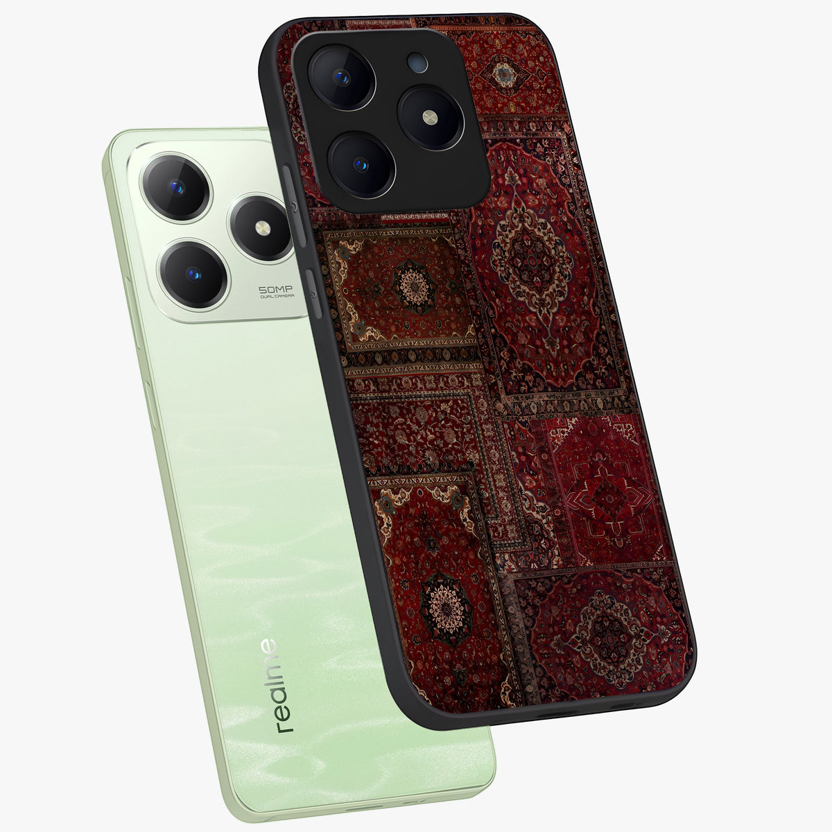 Persian Velvet Tale Glass Case displayed in angled mockup highlighting ornate textile inspired design with royal aesthetic.