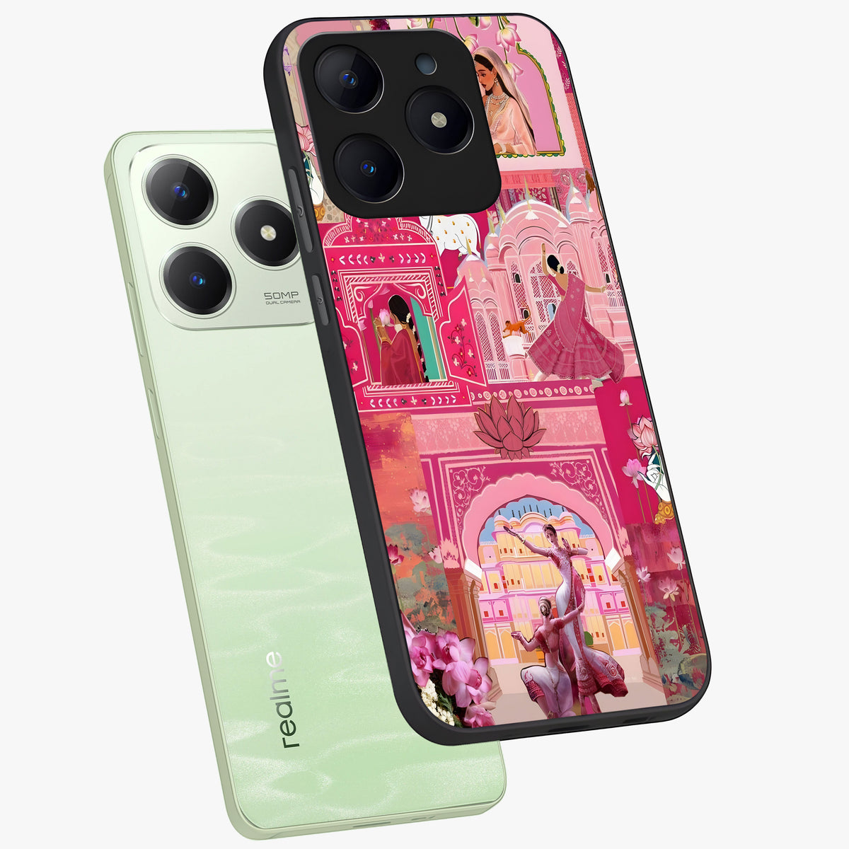 Pink Palace Muse Glass Case displayed in angled mockup highlighting dreamy palace illustration with soft pink aesthetic.