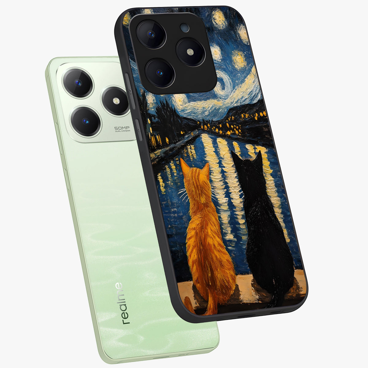 Starry River Cats Glass Case displayed in angled mockup highlighting charming feline illustration with dreamy night aesthetic.