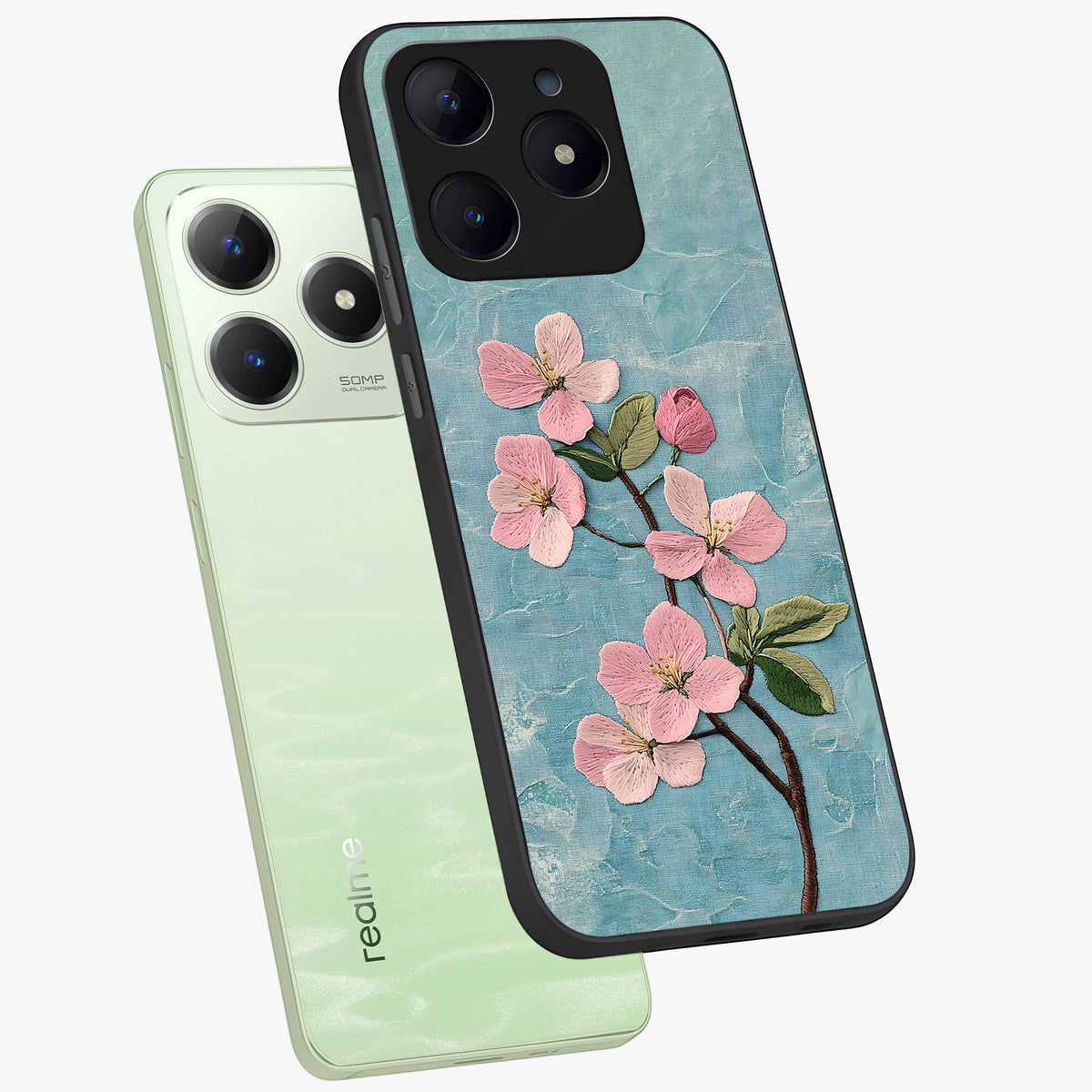 Threaded Blossom Breeze Glass Case displayed in angled mockup highlighting elegant floral design with soft aesthetic style.