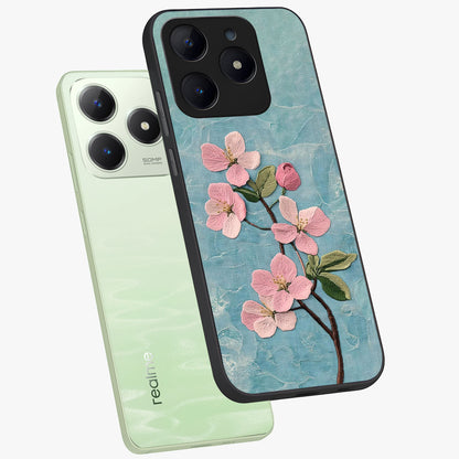 Threaded Blossom Breeze Glass Case displayed in angled mockup highlighting elegant floral design with soft aesthetic style.