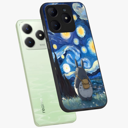 Totoro In Van Gogh Art Glass Case displayed in angled mockup highlighting artistic swirling sky design with playful animation aesthetic.