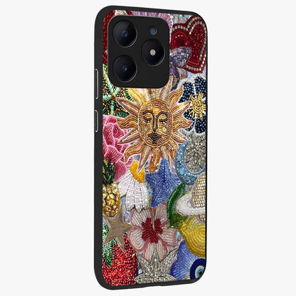 Celestial Floral and Playful Glass Case upright view showcasing whimsical floral artwork with cosmic aesthetic theme.