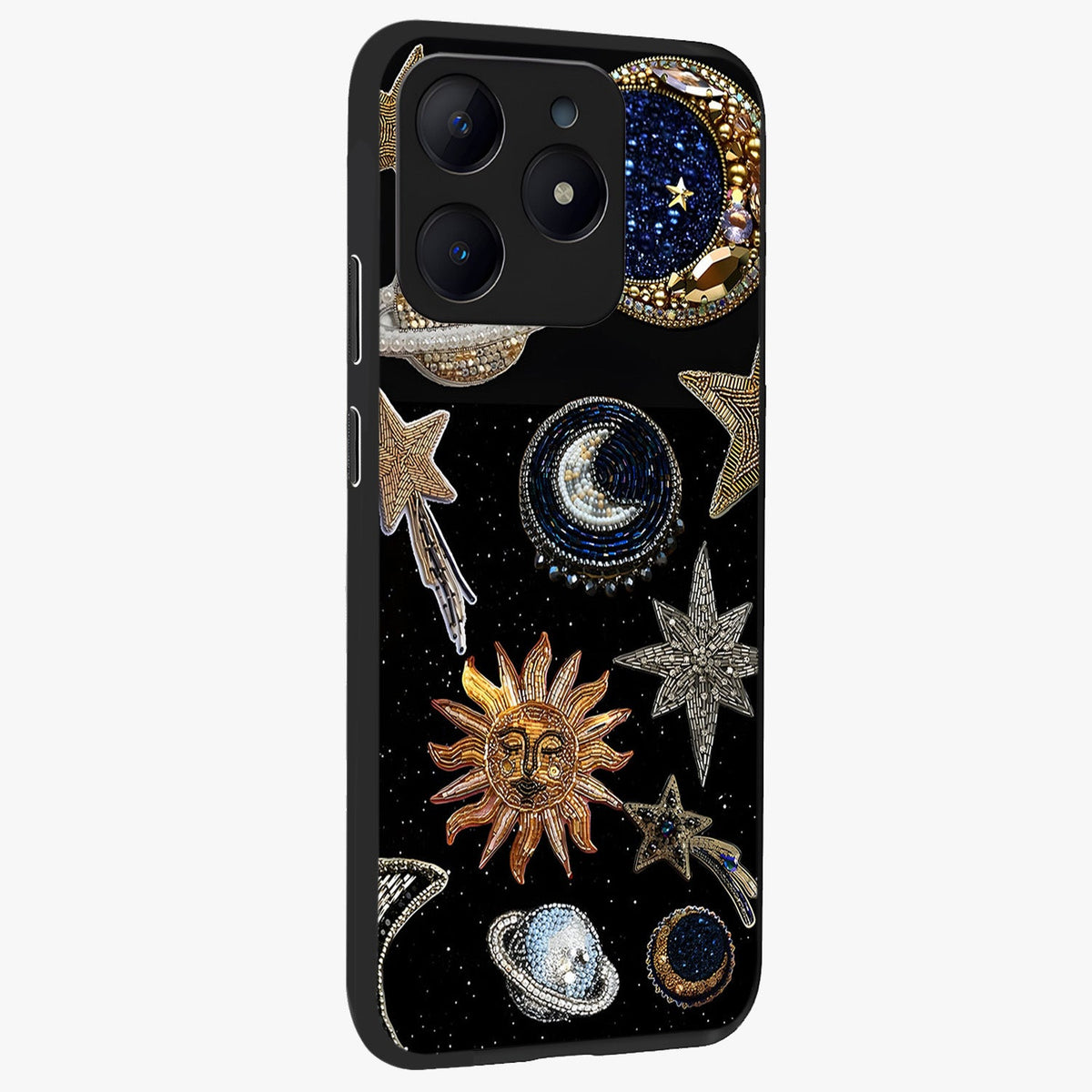 Celestial Gem Constellations Glass Case upright view showcasing cosmic constellation artwork with celestial aesthetic style.