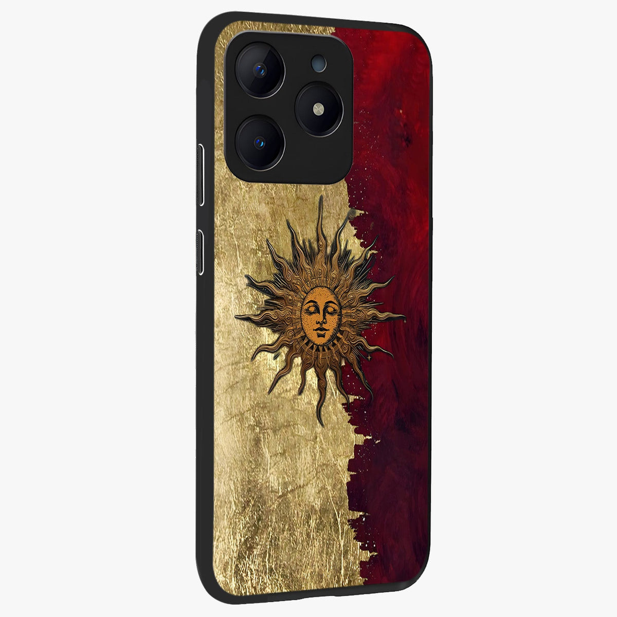 Crimson Sun Majesty Glass Case upright view showcasing vibrant sun artwork with powerful celestial theme.