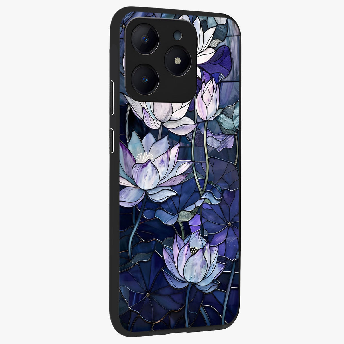 Gloss Petal Rush Glass Case upright view showcasing dynamic floral petal artwork with modern botanical theme.