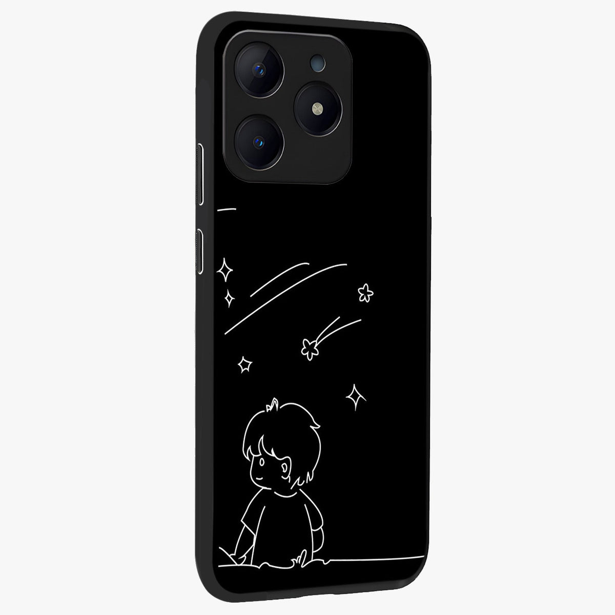 Line Art Boy With Shooting Stars Glass Case upright view showcasing artistic shooting star illustration with minimal style.