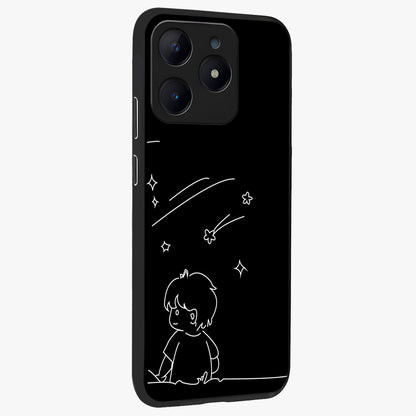 Line Art Boy With Shooting Stars Glass Case upright view showcasing artistic shooting star illustration with minimal style.