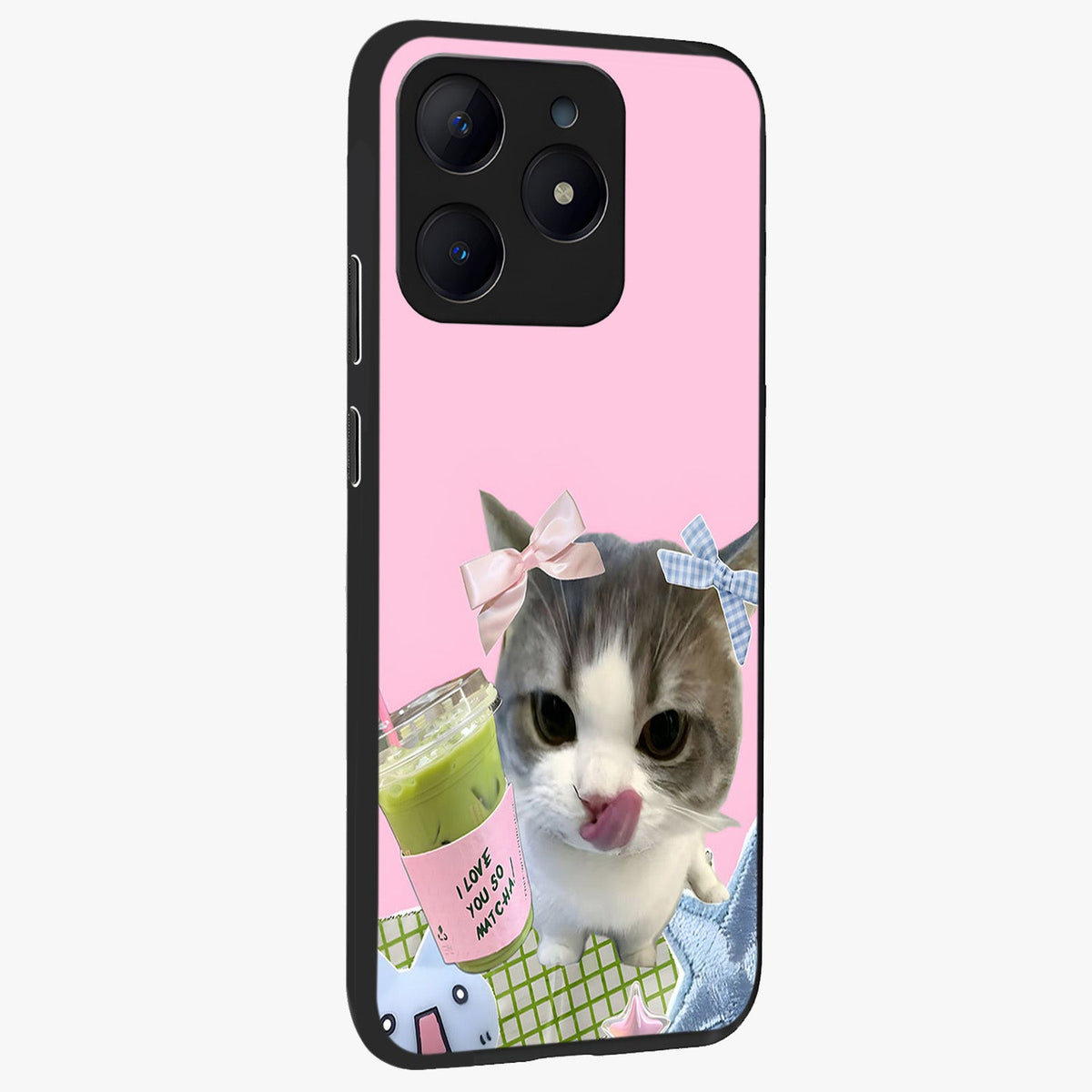 Love Matcha Cat Glass Case upright view showcasing adorable cat artwork with charming matcha themed design.