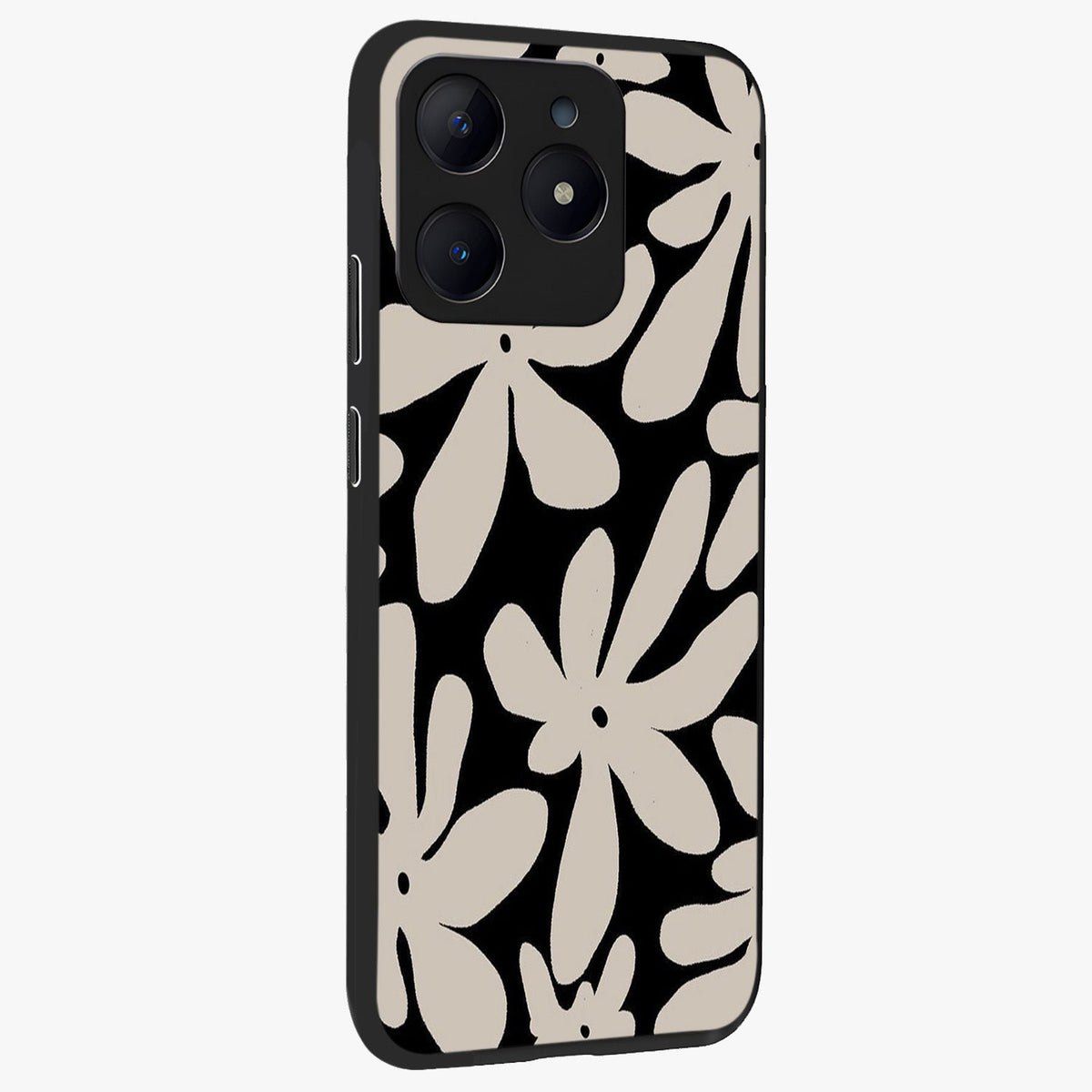 Monochrome Petal Dance Glass Case upright view showcasing artistic floral pattern with stylish monochrome theme.