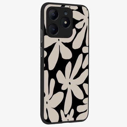 Monochrome Petal Dance Glass Case upright view showcasing artistic floral pattern with stylish monochrome theme.