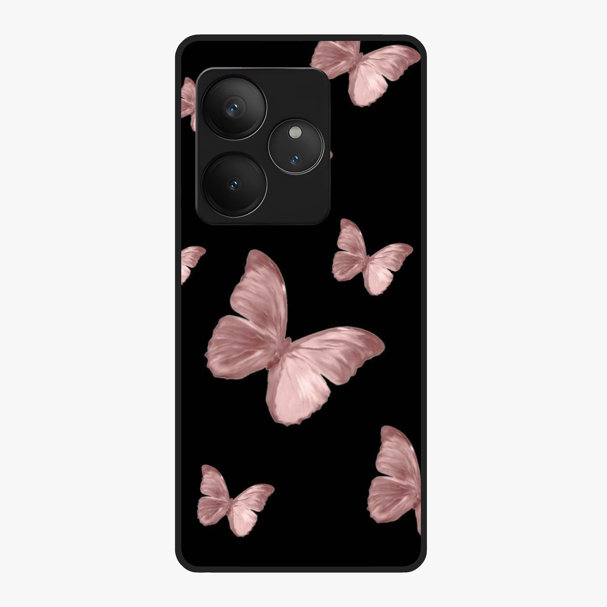 Butterfly Pattern Glass Case showing flat back view with elegant butterfly pattern artwork and glossy glass finish.