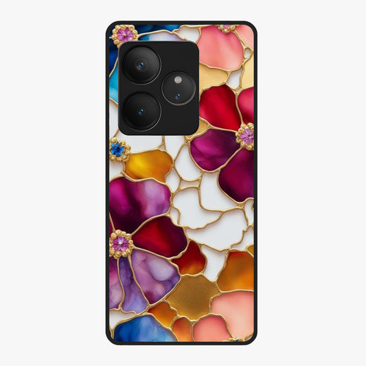 Marble Flower Pattern Glass Case showing flat back view with marble texture floral artwork and glossy glass finish.