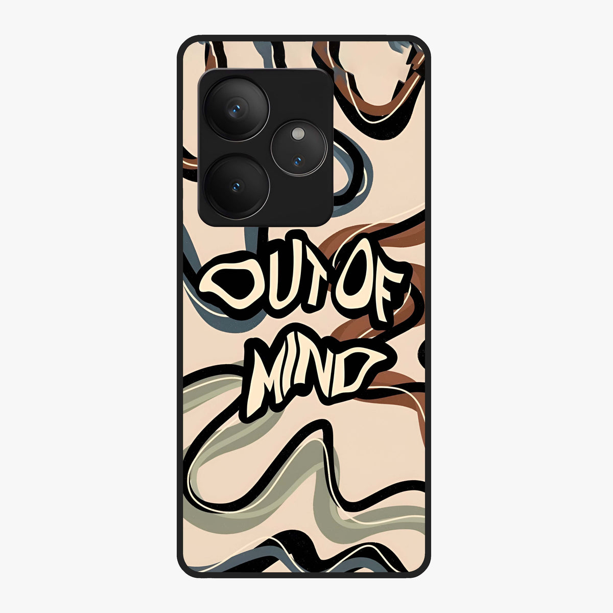 Out Of Mind Glass Case showing flat back view with expressive typography artwork and glossy glass finish.