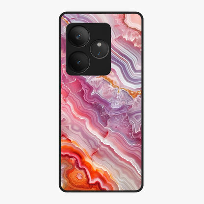 Rose Quartz Marble Glass Case showing flat back view with pink marble quartz texture artwork and glossy glass finish.