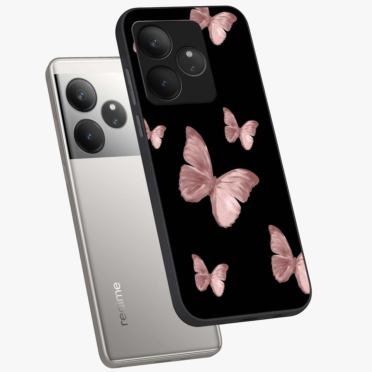 Butterfly Pattern Glass Case displayed in angled mockup highlighting delicate butterfly design and aesthetic pattern style.