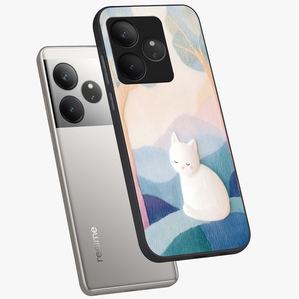 Cotton Dream Cat Glass Case displayed in angled mockup highlighting cute feline illustration with pastel aesthetic style.