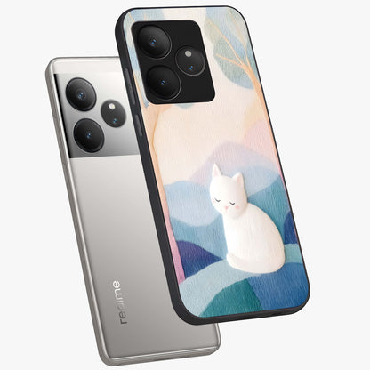 Cotton Dream Cat Glass Case displayed in angled mockup highlighting cute feline illustration with pastel aesthetic style.