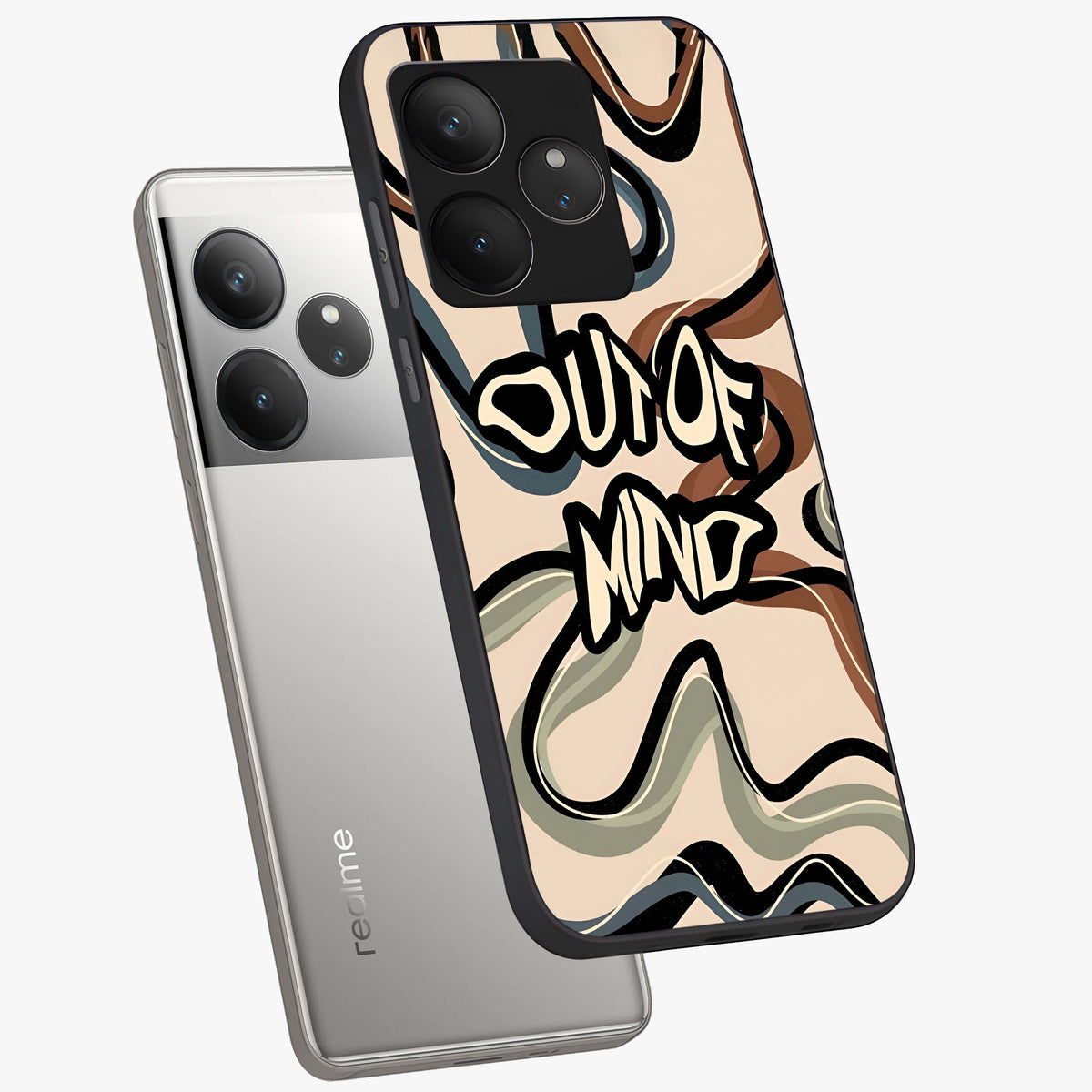 Out Of Mind Glass Case displayed in angled mockup highlighting bold statement design with modern artistic aesthetic.