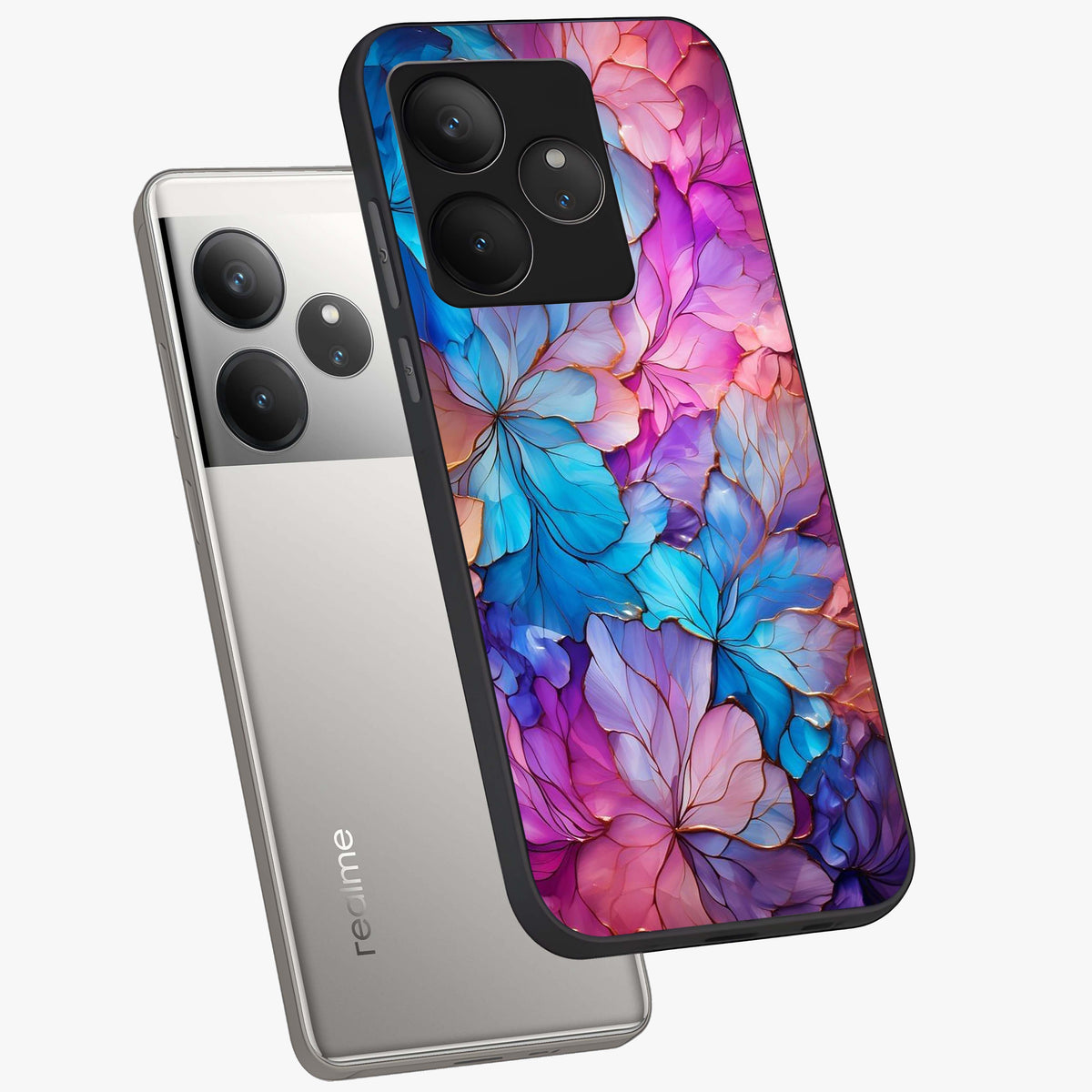 Radiant Floral Whirl Glass Case displayed in angled mockup highlighting vibrant flower pattern with dynamic artistic aesthetic.