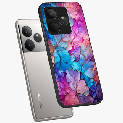 Radiant Floral Whirl Glass Case displayed in angled mockup highlighting vibrant flower pattern with dynamic artistic aesthetic.