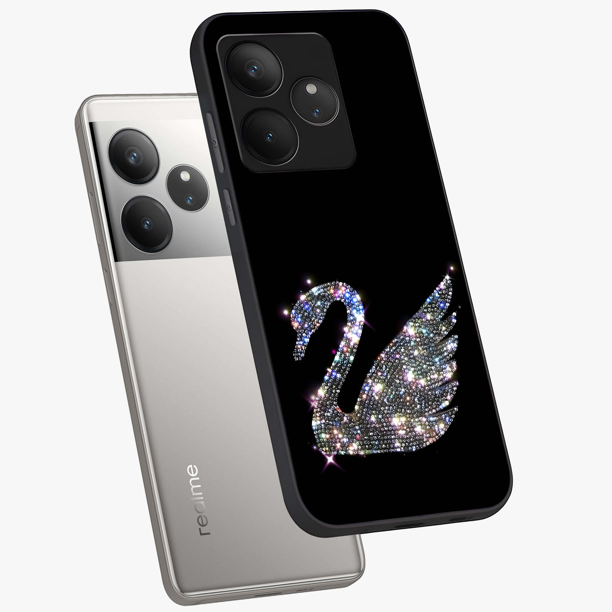 Starlit Swan Grace Glass Case displayed in angled mockup highlighting elegant swan illustration with dreamy celestial aesthetic.
