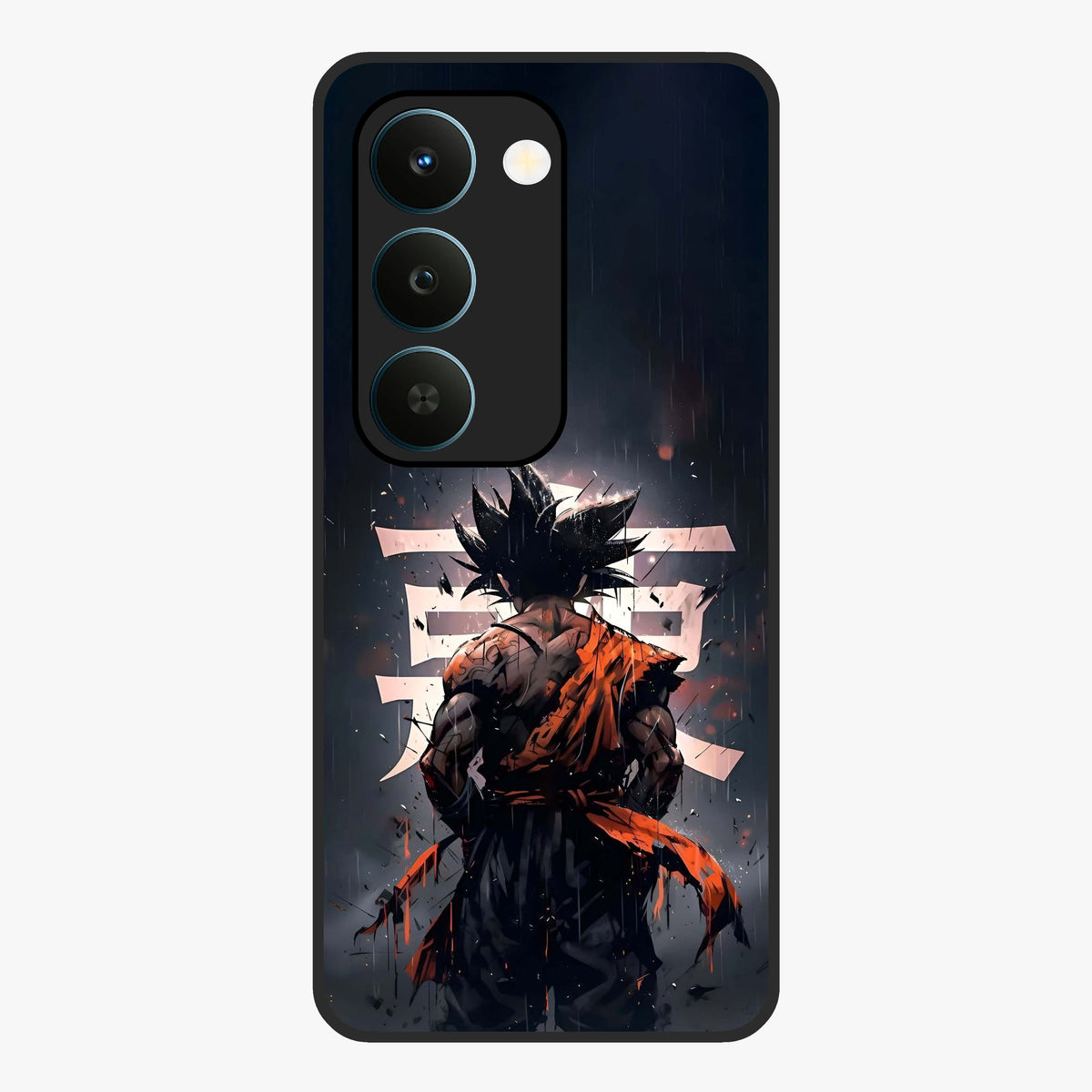 Dark Warrior In Rain Glass Case showing flat back view with warrior artwork in rainy atmosphere and glossy glass finish.