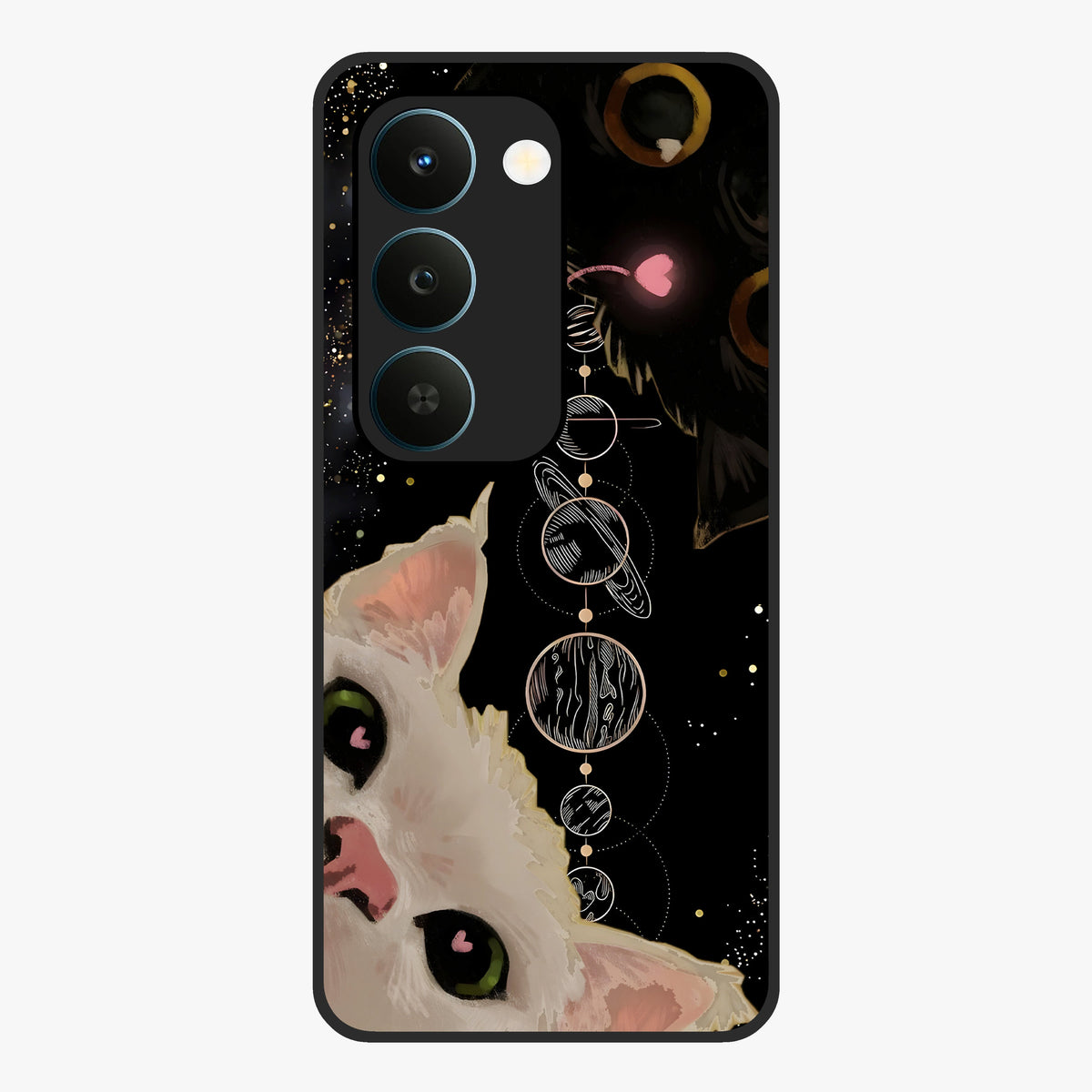 Galactic Cat Glass Case showing flat back view with cosmic cat artwork and glossy glass finish.