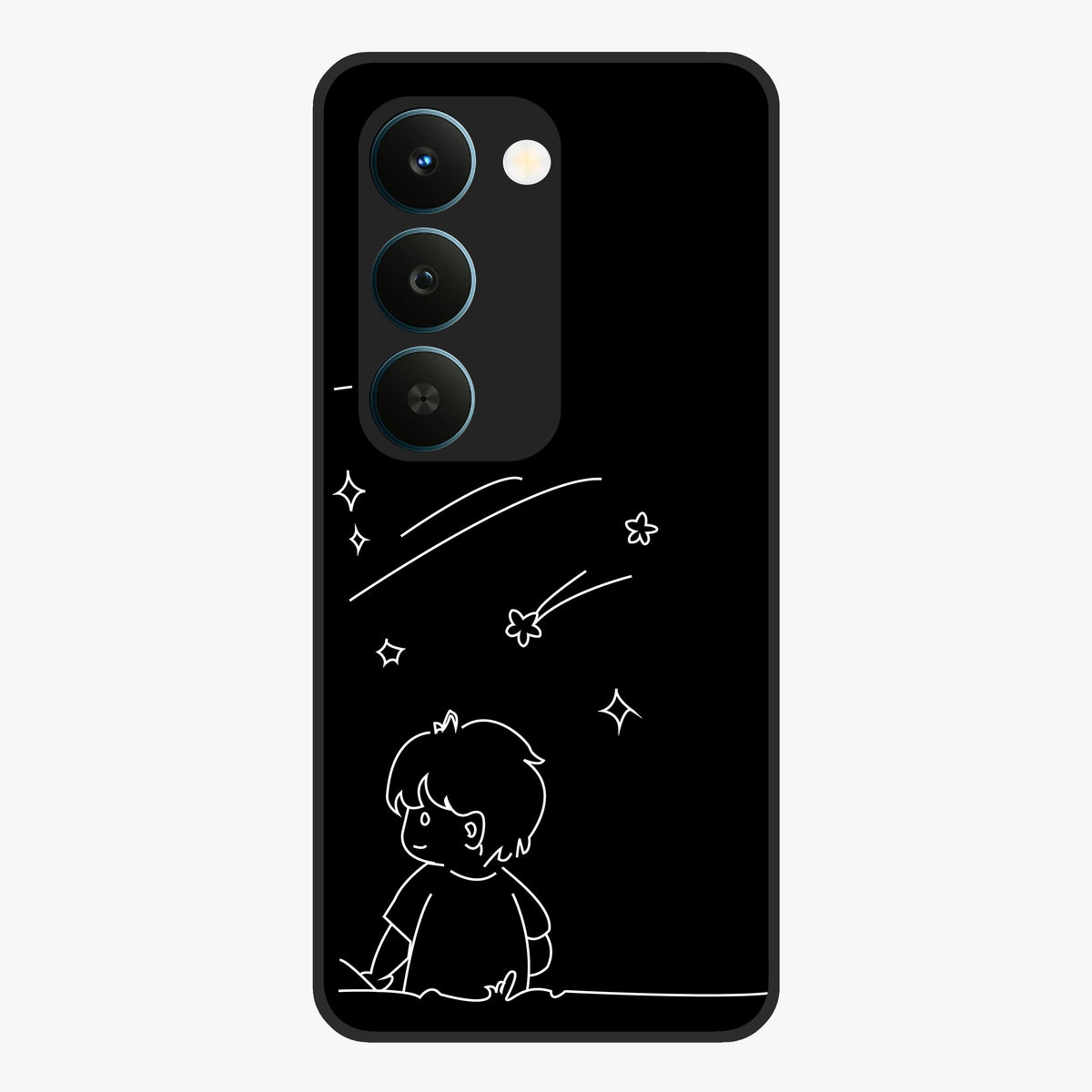 Line Art Boy With Shooting Stars Glass Case showing flat back view with minimal line art boy and shooting stars illustration and glossy glass finish.
