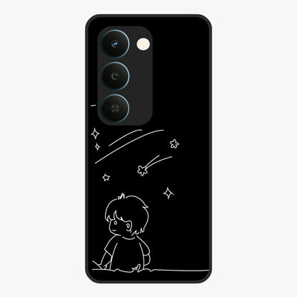 Line Art Boy With Shooting Stars Glass Case showing flat back view with minimal line art boy and shooting stars illustration and glossy glass finish.