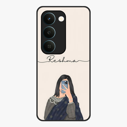 Mirror Mood Muse With Custom Name Glass Case showing flat back view with stylish mirrored artwork and personalized name design.