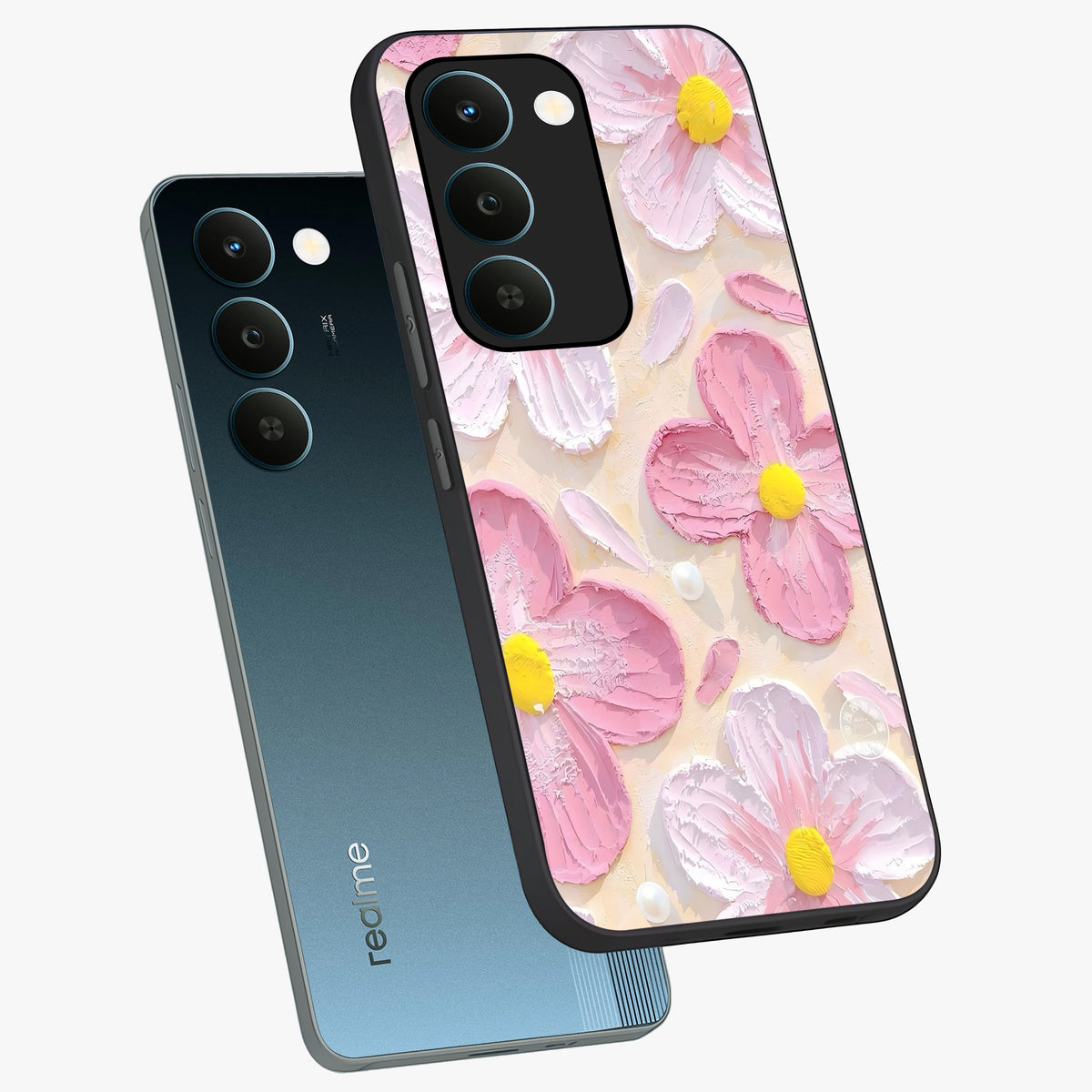 Blush Bloom Texture Glass Case displayed in angled mockup highlighting subtle bloom pattern with aesthetic pastel design.